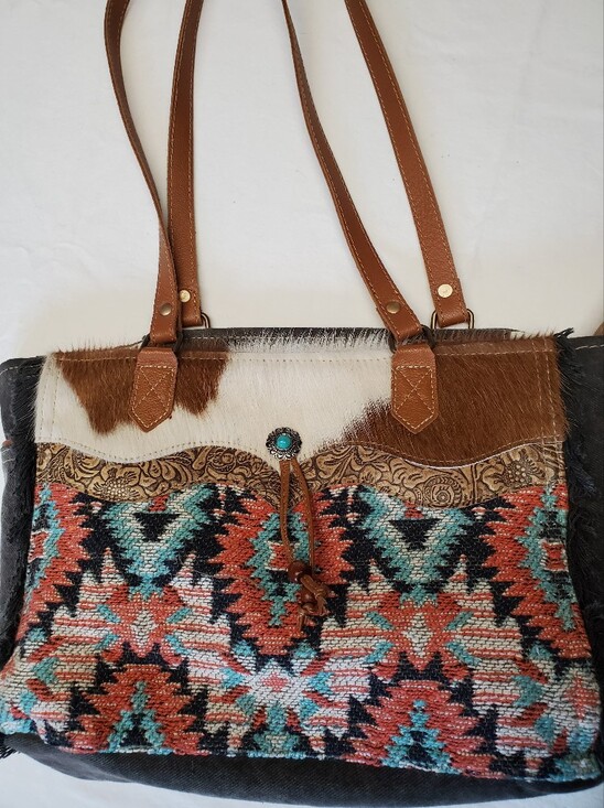 Myra Bag Handbags - Myra Bag Cowhide Aztec Tote Tooled Leather Turquoise Concho Western Fringe Purse